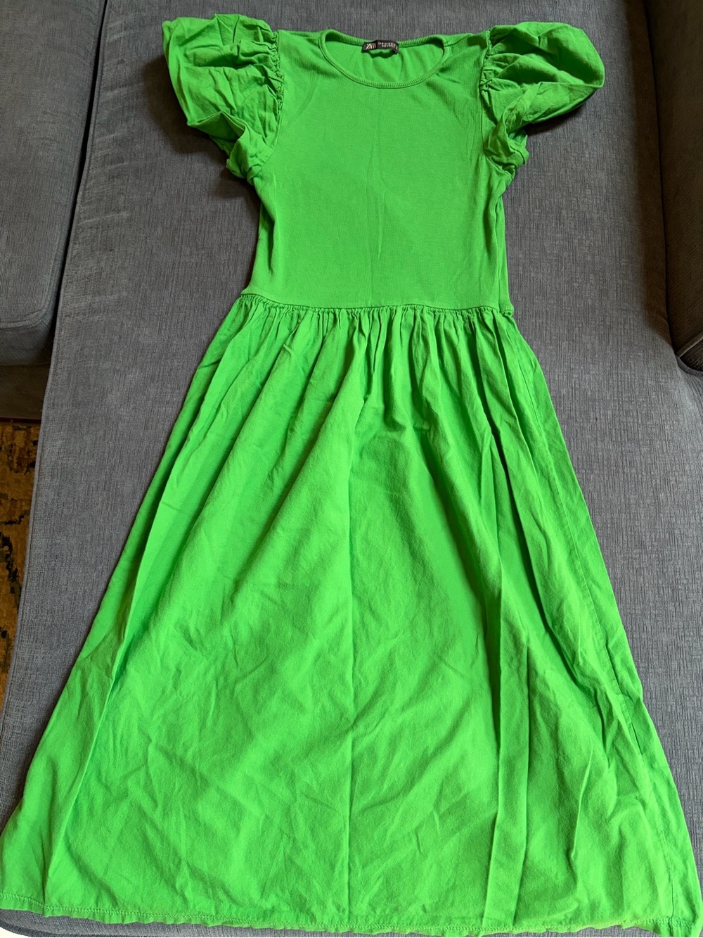 Zara Bright Green Puff-Sleeve Casual Dress for Girls